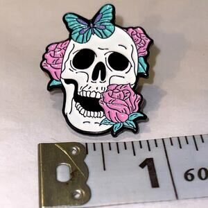 Skull with Butterfly and Roses Halloween Horror Pin Brooch